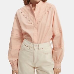 Scotch & Soda Broderie Anglaise Pale Pink Organic Collared Long Sleeve Top SZ M